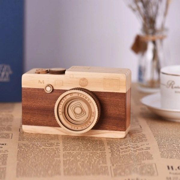 Wooden Retro Camera Music Box